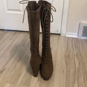 Knee-high lace up tan wedge boots